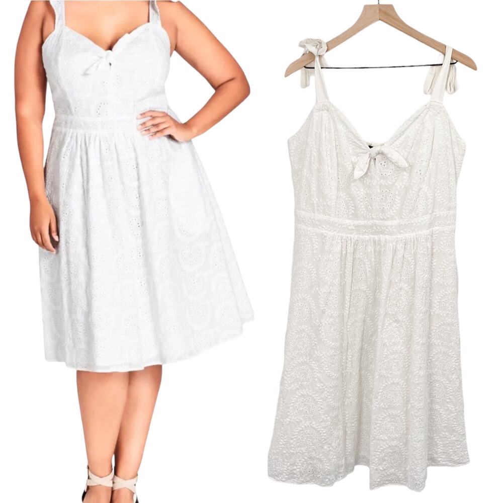 City Chic Fit & Flare Mini Eyelet Lace Dress White Tie Strap Knee Length 14